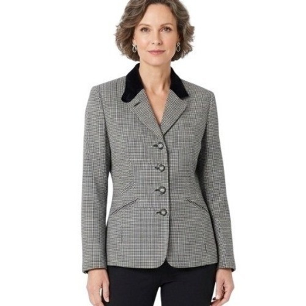 Susan‎ Bristol Blazer Womens 10 Gray Wool Houndstooth Velvet Collar Lined Jacket